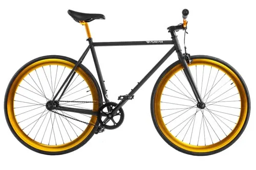 Black fixed-gear bicycle with gold rims